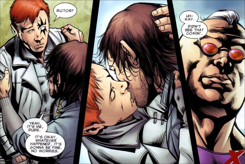 Rictor and Shatterstar in Marvel Comics
In Marvel Comics' X-Factor, depowered mutant Rictor and his friend Shatterstar share a shocking kiss, with writer Peter David saying afterward that the characters are bisexual. The comic was one of the first mainstream comics to feature a gay kiss, earning itself the 2011 GLADD Media Award for Outstanding Comic Book.
Source: Marvel Comics
