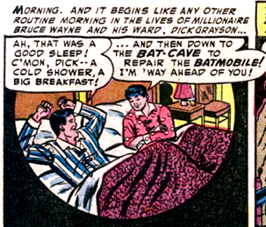 Batman and Robin
The creators and writers of DC Comics' Batman franchise have been adamant that the superhero and his sidekick Robin (Dick Grayson) are not gay, but many people would beg to differ. With comics like the one pictured from 1954, it's no wonder psychiatrist Fredric Wertham asserted in his book Seduction of the Innocent (1954) that "Batman stories are psychologically homosexual." And the jokes and parodies about Batman and Robin's gay relationship are aplenty, including the famous animated parody "The Ambiguously Gay Duo" that aired on SNL in 1996.
Source: DC Comics
