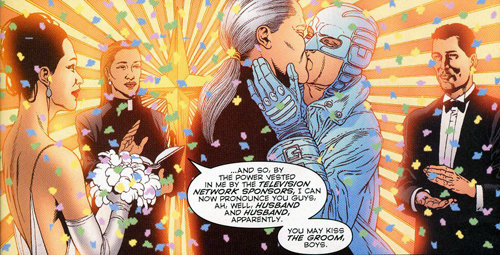 DC Comics' Midnighter and Apollo
While Batman and Superman may not get together in an official sense, their modern counterparts Midnighter and Apollo from rogue superhero team The Authority do — even getting married in 2002's graphic novel Transfer of Power.
Source: DC Comics
