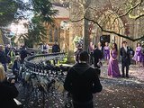 "What do you mean you didn't press the shutter!" From Steve Lawes, director of photography on the second episode, "The Sign of Three," with a totally different perspective on the flashing cameras when Watson and Mary emerge from the church on their wedding day. 
Source: Twitter user SteveLawes
