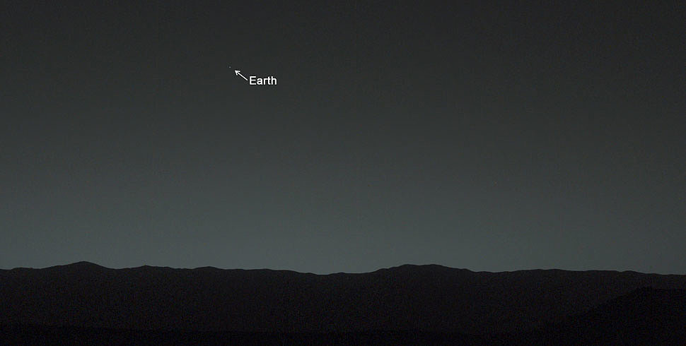 Earth looks teeny tiny in this picture taken from Mars by the Curiosity rover earlier this month. 
Source: NASA/JPL-Caltech/MSSS/TAMU 
