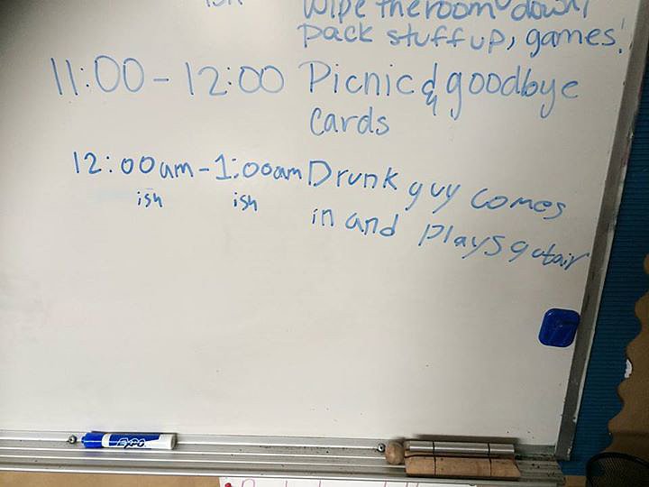 "My wife is a teacher and accidentally left the back door of her classroom open last night. She found this in the morning."
Source: Reddit user danth via Imgur
