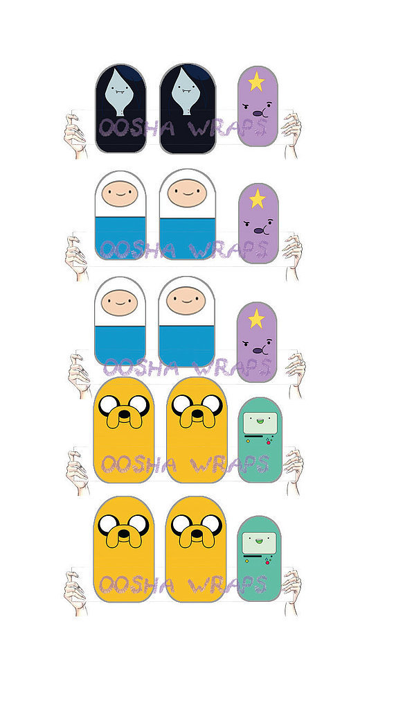 Finn, Jake, BMO, and the gang are all present in the Adventure Time Nail Wrap ($6 for 15).
